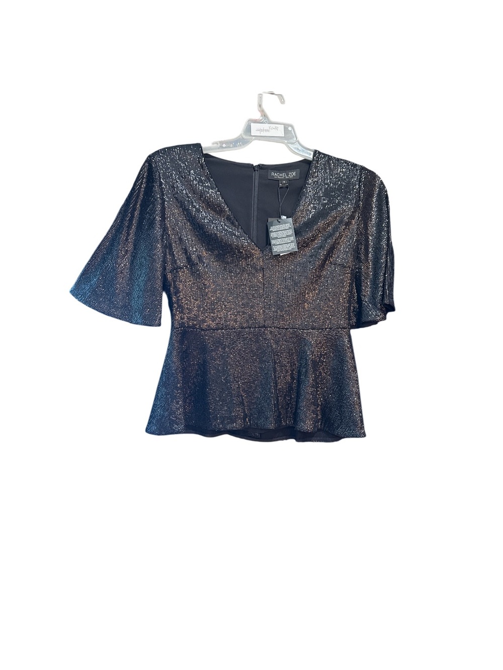 Rachel Zoe Metallic sequence Peplum V-Neck Top